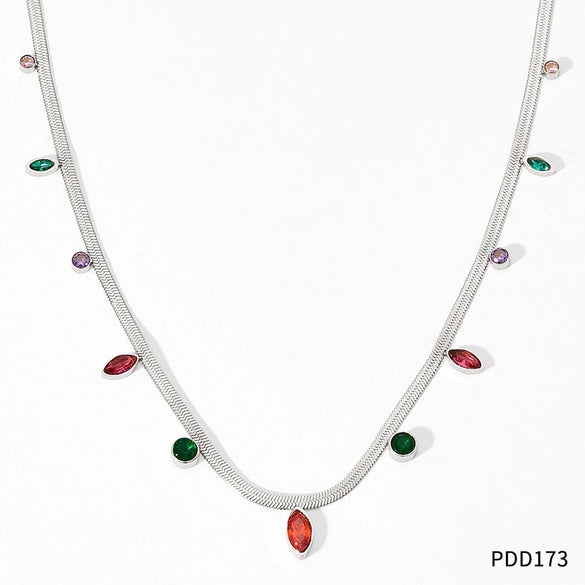 Wholesale Women's Stainless Steel Snake Bone Chain Jewelry Set With Colored Zircon Love Water Drops Bell Pattern Electroplated Tassel Necklace And Anklet