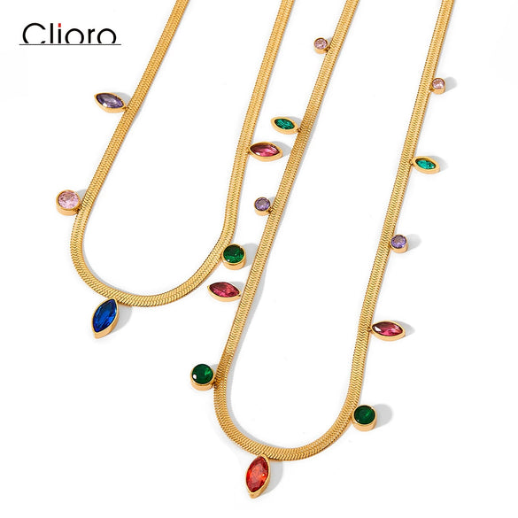 Wholesale Women's Stainless Steel Snake Bone Chain Jewelry Set With Colored Zircon Love Water Drops Bell Pattern Electroplated Tassel Necklace And Anklet