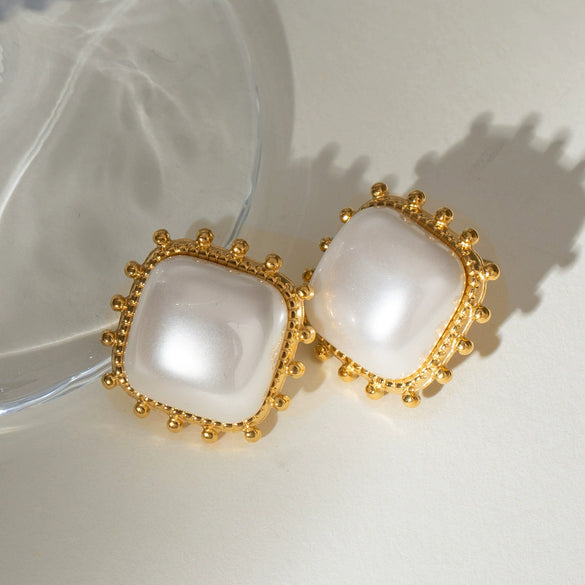 Wholesale Women's Stainless Steel Square Earrings With Pearl Joker Design And Electroplating Treatment