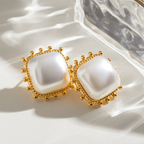 Wholesale Women's Stainless Steel Square Earrings With Pearl Joker Design And Electroplating Treatment