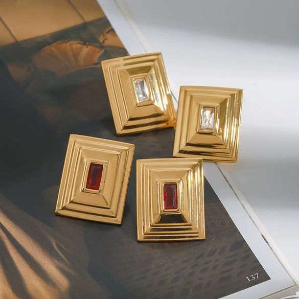 Wholesale Women's Stainless Steel Square Geometric Zircon Earrings With Original Design And Electroplating