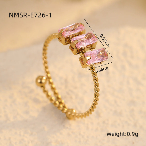 Wholesale Women's Stainless Steel Square Zircon Open Ring Light Luxury Style Electroplated Jewelry