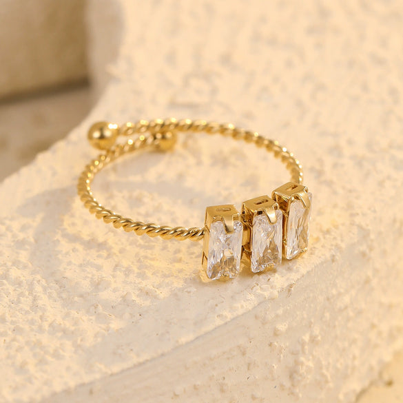Wholesale Women's Stainless Steel Square Zircon Open Ring Light Luxury Style Electroplated Jewelry