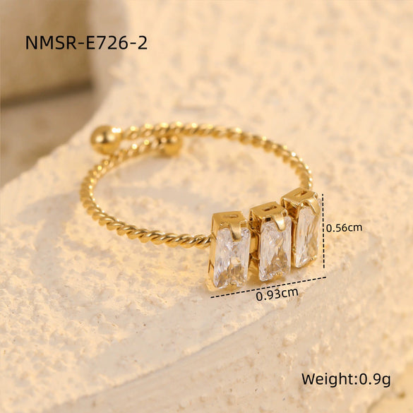 Wholesale Women's Stainless Steel Square Zircon Open Ring Light Luxury Style Electroplated Jewelry