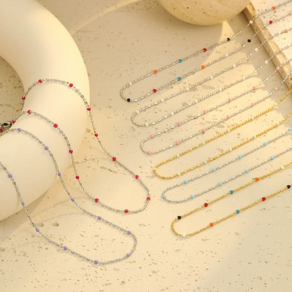 Wholesale Women's Stainless Steel Stacked Oildropping Rice Bead Clavicle Necklace With Electroplating Treatment