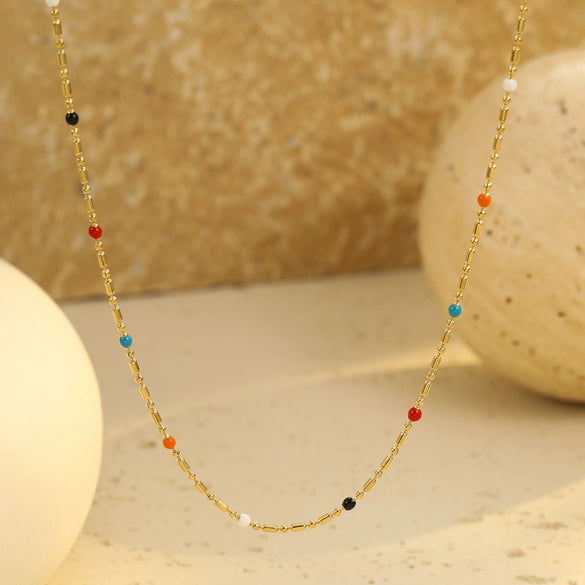 Wholesale Women's Stainless Steel Stacked Oildropping Rice Bead Clavicle Necklace With Electroplating Treatment