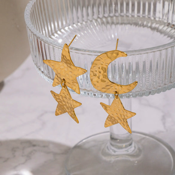 Wholesale Women's Stainless Steel Star Pattern Hammered Pvd Furnace Vacuum Real Gold Plated Stud Earrings Accessories