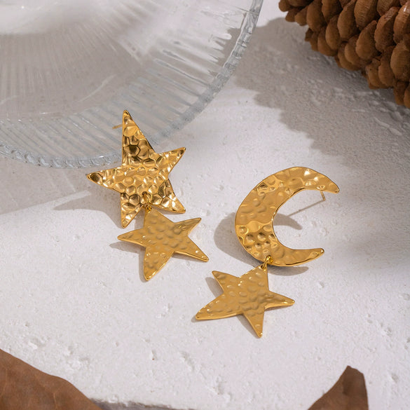 Wholesale Women's Stainless Steel Star Pattern Hammered Pvd Furnace Vacuum Real Gold Plated Stud Earrings Accessories
