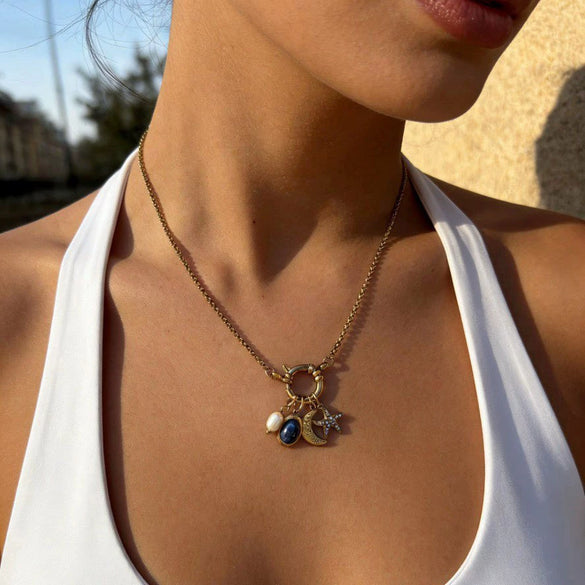 Wholesale Women's Stainless Steel Star Shape Pendant Necklace With Rhinestones Natural Stones Freshwater Pearls Polished Plating Cross Chain