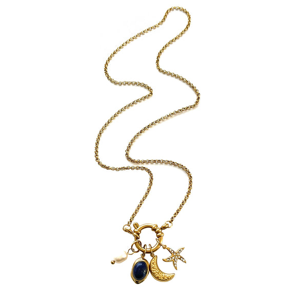 Wholesale Women's Stainless Steel Star Shape Pendant Necklace With Rhinestones Natural Stones Freshwater Pearls Polished Plating Cross Chain