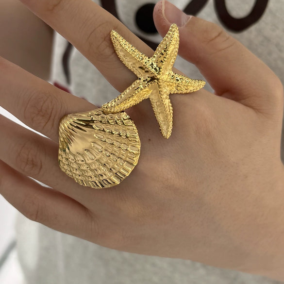 Wholesale Women's Stainless Steel Starfish Shell Ring Classic Light Luxury With Electroplating Marine Series Animal Pattern