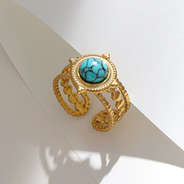 Wholesale Women's Stainless Steel Starshaped Ring With Natural Stone Inlay Retro Fashion Style Electroplated