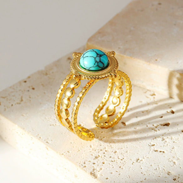 Wholesale Women's Stainless Steel Starshaped Ring With Natural Stone Inlay Retro Fashion Style Electroplated