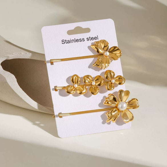 Wholesale Women's Stainless Steel Sweet Plant Flowers Style Word Clip Hairpin With Electroplating Treatment