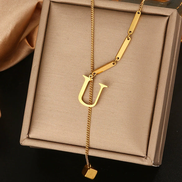 Wholesale Women's Stainless Steel Tassel Clavicle Chain With 26 Letter Design And Electroplating Treatment