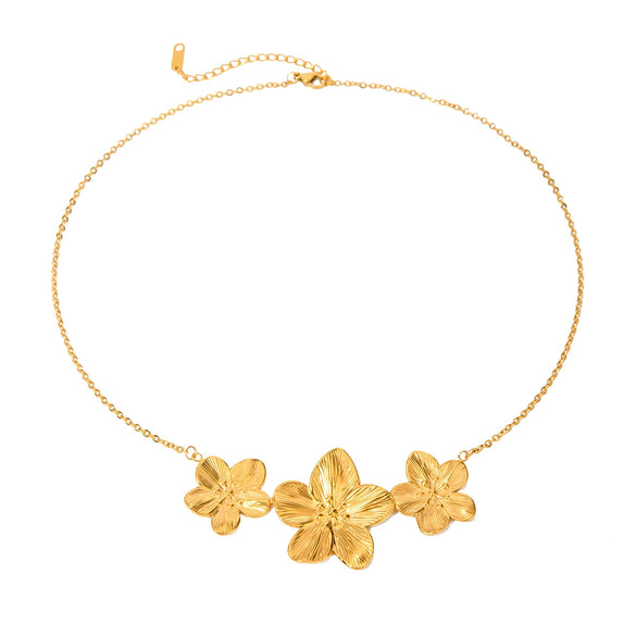 Wholesale Women's Stainless Steel Three Flowers Ochain Necklace With 18K Gold Electroplating
