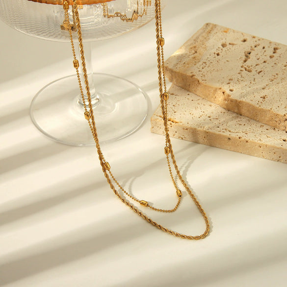 Wholesale Women's Stainless Steel Twist Chain Double Layer Hip Hop Necklace With Geometric Design And Electroplating