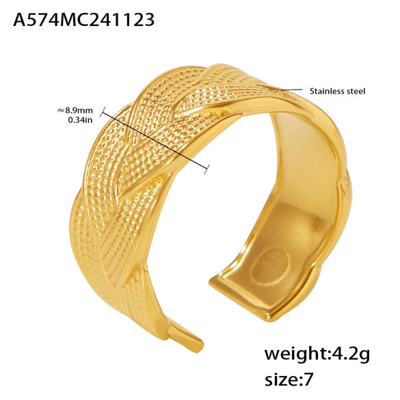 Wholesale Women's Stainless Steel Twist Woven Open Ring With Geometric Pattern 18K True Gold Plated