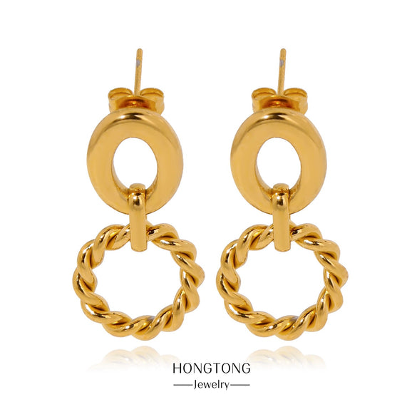 Wholesale Women's Stainless Steel Twisted Hollow Doublering Earrings With Flower And Geometric Patterns And Electroplating Treatment