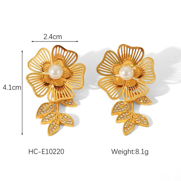 Wholesale Women's Stainless Steel Vintage Flower Leaf Geometric Earrings With Electroplating