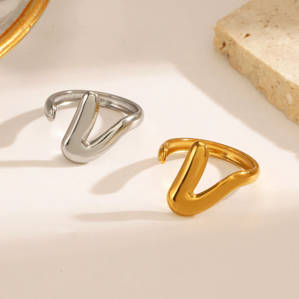 Wholesale Women's Stainless Steel Vshaped Open Ring 18K Goldplated With Letters Numbers Text Design
