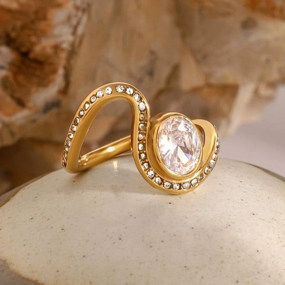 Wholesale Women's Stainless Steel Wave Oval Diamond Ring With Electroplating In Ins Geometric Style French Light Luxury Fashion Does Not Fade