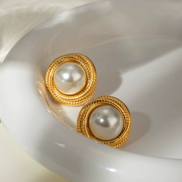 Wholesale Women's Stainless Steel White Pearl Electroplated Geometric Winding Thread Earrings With Original Design