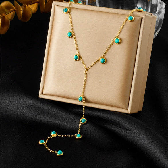 Wholesale Women's Stainless Steel Yshaped Tassel Necklace With Round Turquoise Electroplating Design