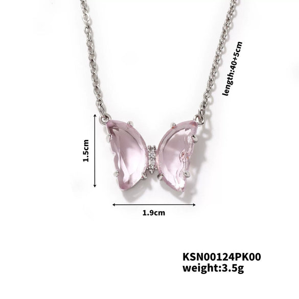 Wholesale Women's Stainless Steel Zircon Butterfly Sweet Style Necklace With Ochain Set With Glass