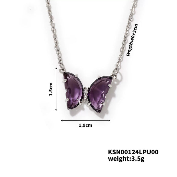 Wholesale Women's Stainless Steel Zircon Butterfly Sweet Style Necklace With Ochain Set With Glass