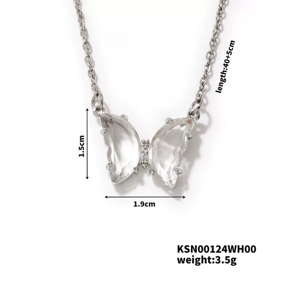 Wholesale Women's Stainless Steel Zircon Butterfly Sweet Style Necklace With Ochain Set With Glass