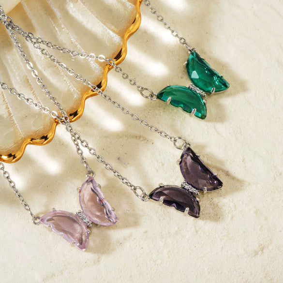 Wholesale Women's Stainless Steel Zircon Butterfly Sweet Style Necklace With Ochain Set With Glass