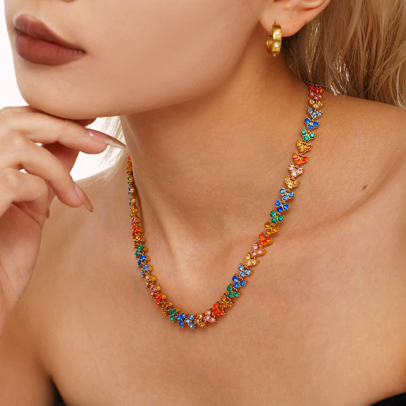 Wholesale Women's Stainless Steel Zircon Geometric Splicing Light Luxury Style Handinlaid Necklace Plated With Real Gold