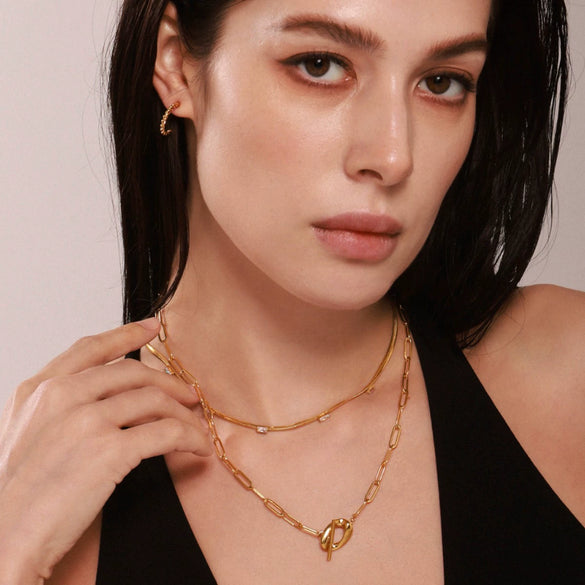 Wholesale Women's 316L Stainless Steel Zircon Geometric Square Pendant Necklace With Gold Plated Electroplating Double Layer Stacked Chain