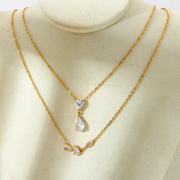Wholesale Women's Stainless Steel Zircon Heart And Drop Shape Pendant Necklace With Oshaped Chain 18K Gold Plated Ins Style Minimalist