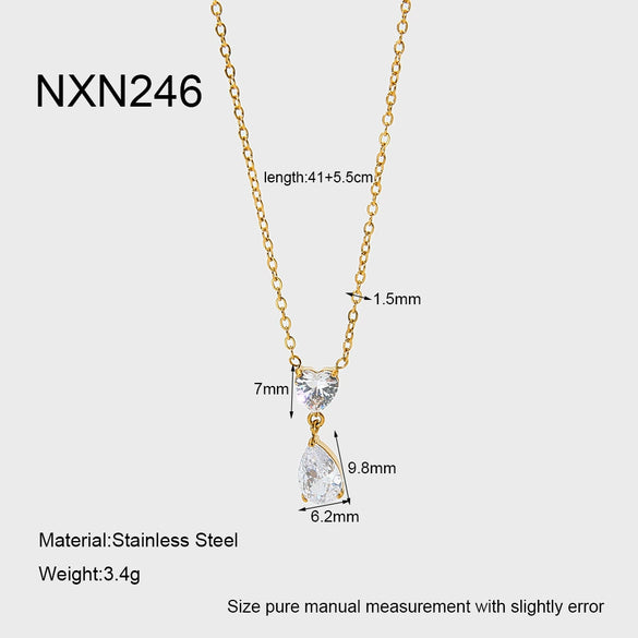 Wholesale Women's Stainless Steel Zircon Heart And Drop Shape Pendant Necklace With Oshaped Chain 18K Gold Plated Ins Style Minimalist