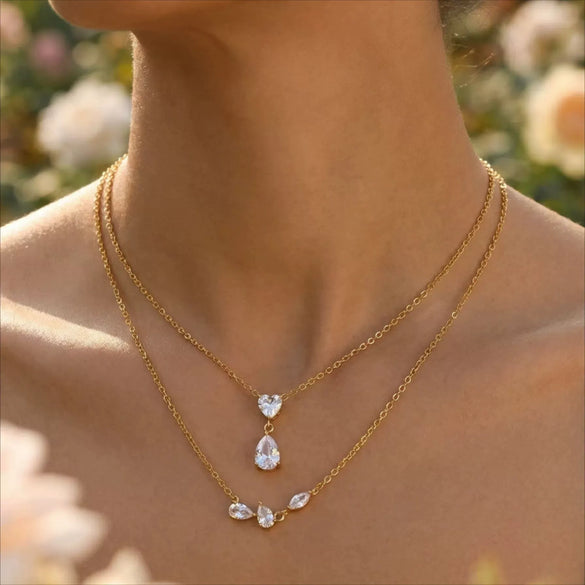 Wholesale Women's Stainless Steel Zircon Heart And Drop Shape Pendant Necklace With Oshaped Chain 18K Gold Plated Ins Style Minimalist