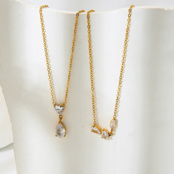 Wholesale Women's Stainless Steel Zircon Heart And Drop Shape Pendant Necklace With Oshaped Chain 18K Gold Plated Ins Style Minimalist