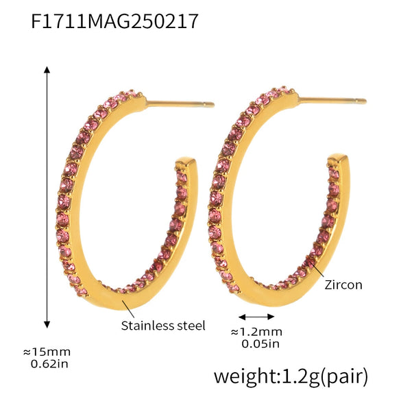 Wholesale Women's Stainless Steel Zircon Inlaid Geometric U Shape Light Luxury Style Circle Earrings With Electroplating Treatment
