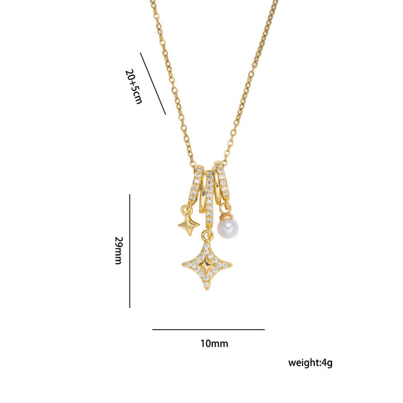 Wholesale Women's Star Pattern Pearl Ring And Full Diamond Necklace With Titanium Steel And Copper Inlaid Zircon O Word Chain Gold Plated