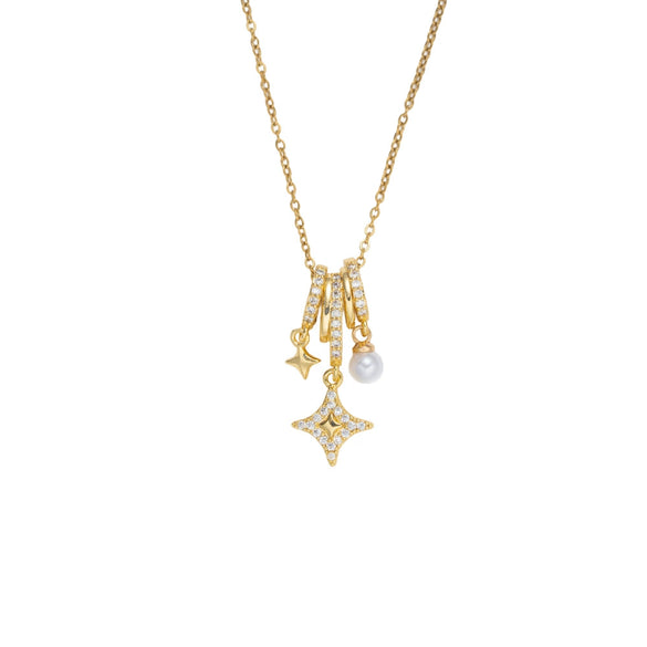 Wholesale Women's Star Pattern Pearl Ring And Full Diamond Necklace With Titanium Steel And Copper Inlaid Zircon O Word Chain Gold Plated
