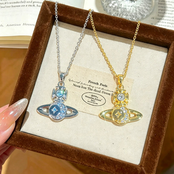 Wholesale Women's Star Pattern Titanium Steel Oshaped Chain Necklace With Zircon Inlaid Copper Pendant Light Luxury Minimalist Style