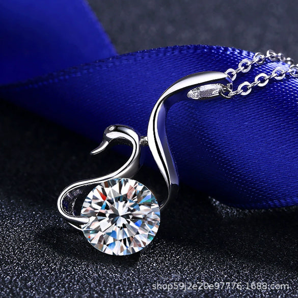 Wholesale Women's Sterling Silver Animals Zodiac Swan Pendant Cross Chain Necklace With Simulation Diamond And Electroplating Treatment