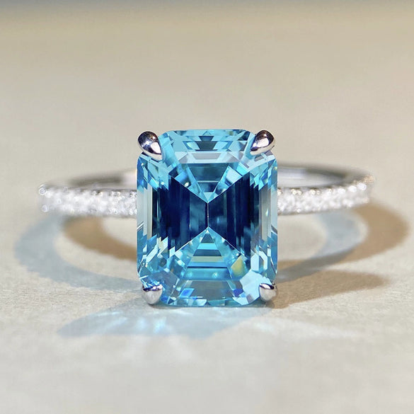 Wholesale Women's 925 Sterling Silver Aquamarine Emerald Cut Geometric Ring Plated Pt950 Gold