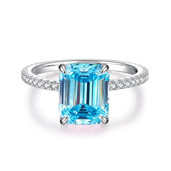 Wholesale Women's 925 Sterling Silver Aquamarine Emerald Cut Geometric Ring Plated Pt950 Gold