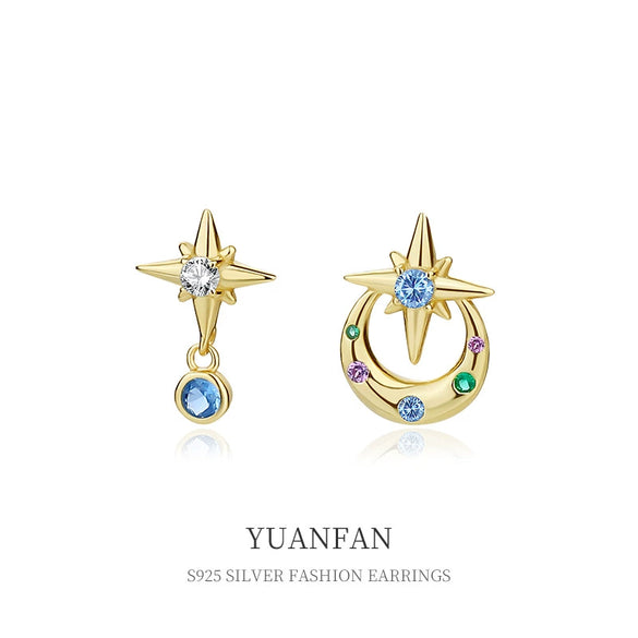 Wholesale Women's 925 Sterling Silver Asymmetric Star Earrings With Electroplating And Colorful Zircon