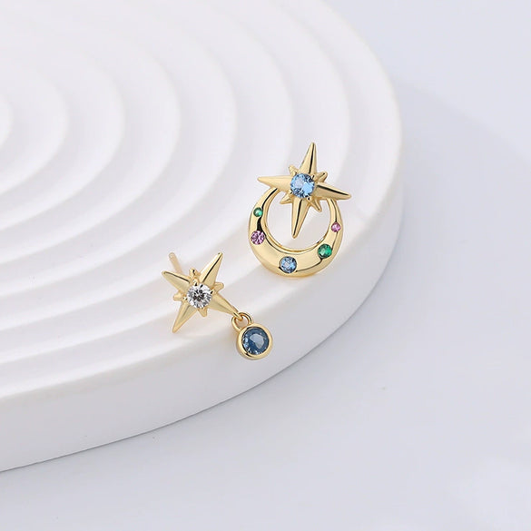 Wholesale Women's 925 Sterling Silver Asymmetric Star Earrings With Electroplating And Colorful Zircon