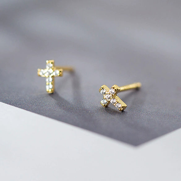 Wholesale Women's 925 Sterling Silver Cross Earrings With Mini Diamond Plated 14K Gold Base And Simple Style