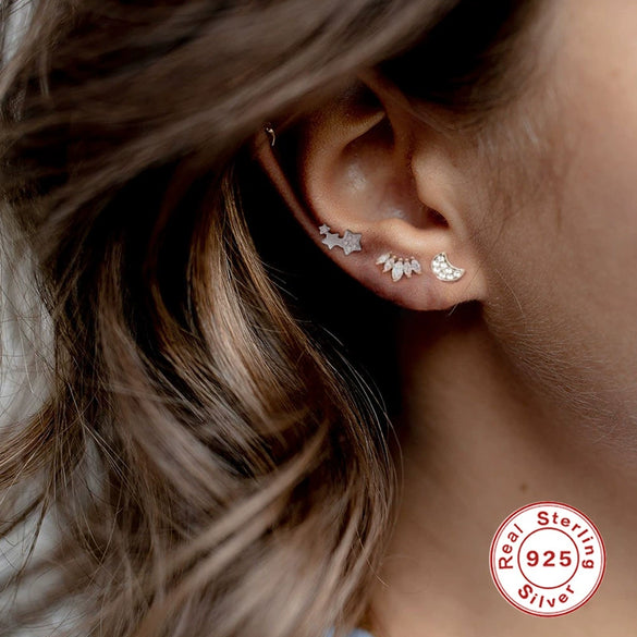 Wholesale Women's Sterling Silver Cute Mini Star Moon Puncture Thread Ear Nails With Electroplating