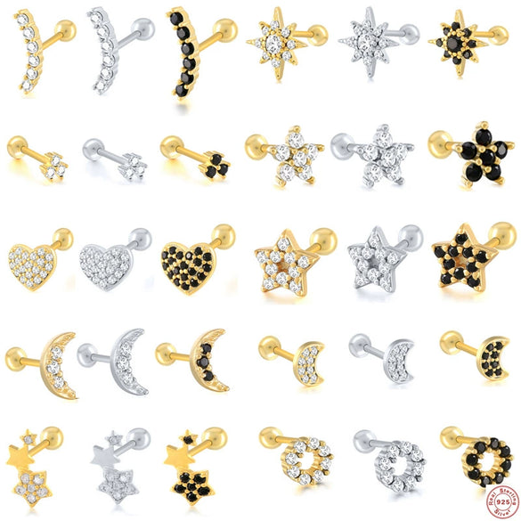 Wholesale Women's Sterling Silver Cute Mini Star Moon Puncture Thread Ear Nails With Electroplating